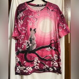 Silky woman’s Siamese cat shirt/-top in orchid in the moonlight pink and black.
